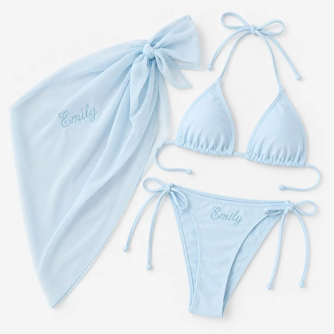 Bride Bikini Set with Matching Sarong, Custom Name Embroidery Tie Side Swimwear for Honeymoon Beach Vacation