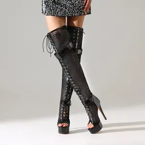 FEINLINA Women's Stylish Black High-Heel Boots with Zipper Closure Patchwork Sheer Lace Sequins Patent Leather Straps Ultra High Stiletto Platform boots for women vivet boots