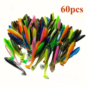 60 Soft Fishing Baits, T-tail Worm Baits, Realistic Action, Silicone Material, Lead-Free, Suitable for Bass and Pike Fishing Tackle, Available in Multiple Colors for Fishing Adventures