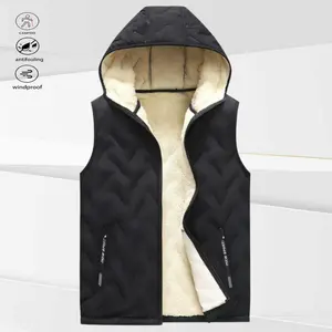 A black hooded fleece vest, suitable for autumn and winter daily warmth style, easy to adjust the hood for autumn and winter, fleece lining for warm practicality, zipper pockets convenient for autumn and winter use, versatile black color for autumn and wi