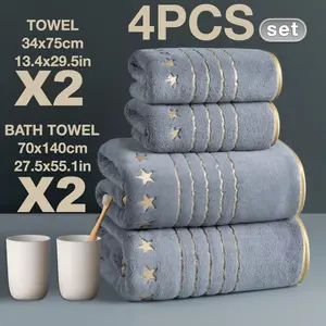 Modern Simple Bathroom Set, Quick-Dry Absorbent Microfiber Towels, Gold Trimmed Embroidered Bath Towel Set, Home Hotel School Use