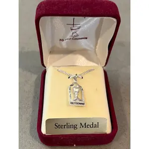 First Communion - Sterling Silver Holy Eucharist Charm Pendant w/ 16" Rhodium Chain