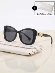 New Cat Eye Pearl Embellished Sunglasses, Large Frame Versatile Shades, Includes Case, High-End Fashion Accessory