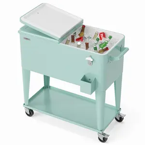 80 Quart Rolling Ice Chest, Portable Patio Party Bar Drink Cooler Cart, with Shelf, Beverage Pool with Bottle Opener