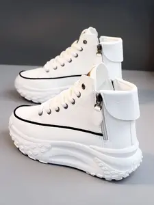 Women's high top casual shoes, sports shoes, spring, summer, autumn new styles, outdoor thick sole, interior height increasing, fashionable and versatile, vacation style, student outdoor hiking, skateboarding shoes, flat shoes, women's shoes