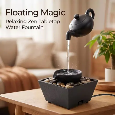 Minimalist Traditional Tabletop Water Fountain - Teapot Design, Floating Illusion, Compact, Stress Relief Zen Decor for Indoor Use & Garden Decor