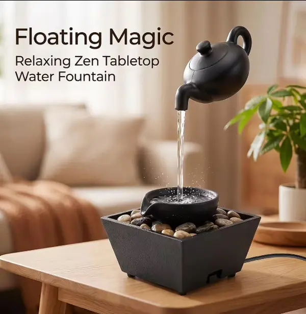 Minimalist Traditional Tabletop Water Fountain - Teapot Design, Floating Illusion, Compact, Stress Relief Zen Decor for Indoor Use & Garden Decor