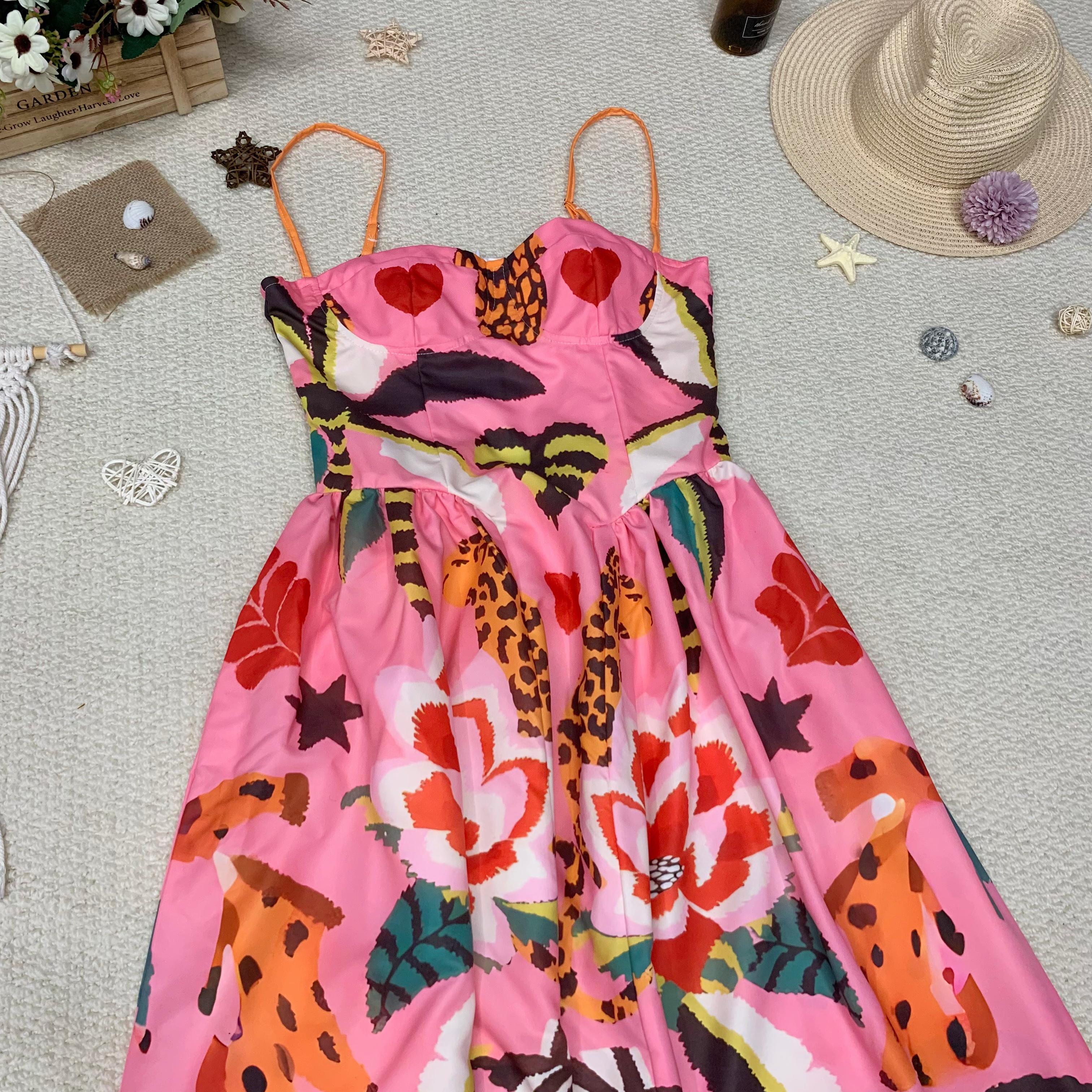 Symmetrical Flower-Print Strap Strapless Dress, Tropical style, Pop art print, Contrasting color design, Passionate and elegant dress, Forest style