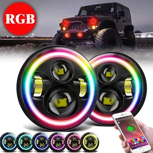 7 Inch RGB LED Headlights Halo Ring DRL Daytime Running Lights Combo Kit Compatible with Jeep Wrangler JK TJ LJ Offroad Headlamp Assembly