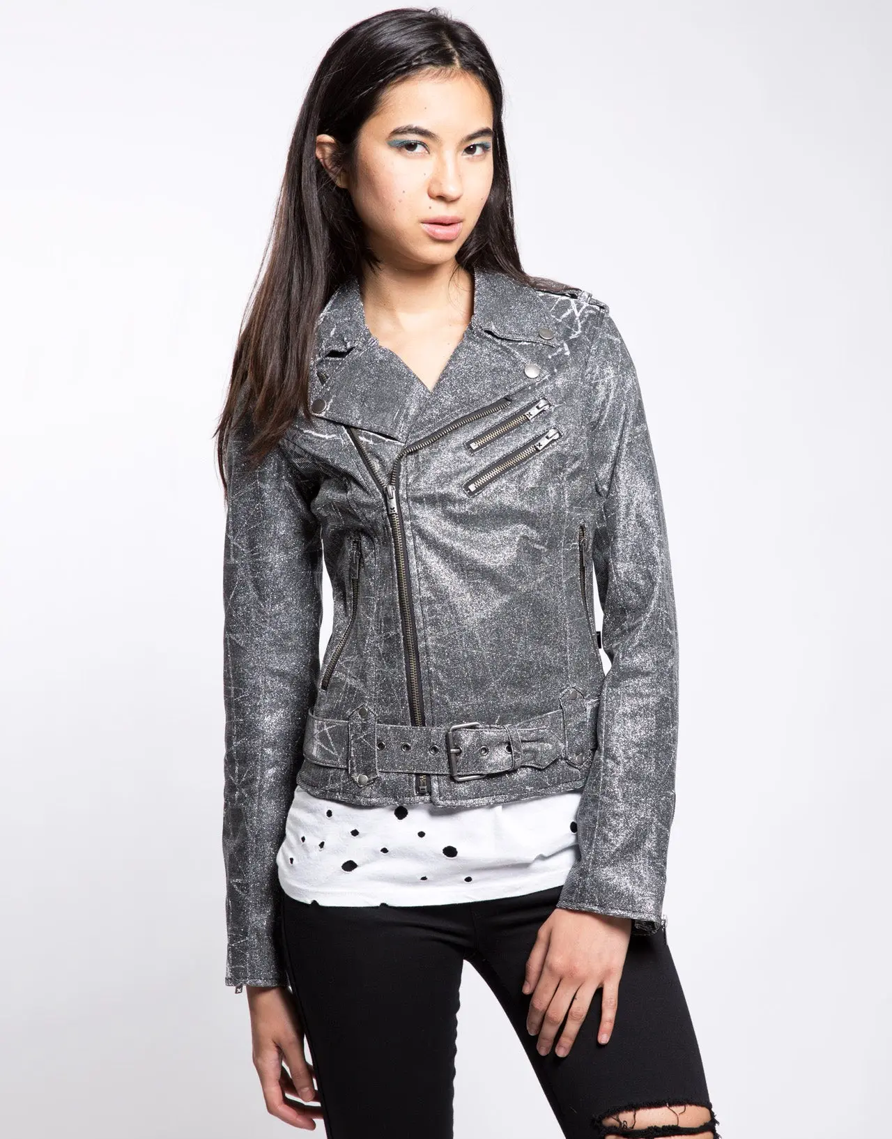 Women's Classic Moto High-Shine Metallic Spandex Jacket - Long-Sleeve Casual Top with Cotton Accents, Adjustable Belt, Snap Closure, Elastane, Cold Wash Compatible
