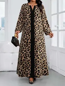 Women's Plus Size Casual V-Neck Long Sleeve Leopard Patchwork Print Dress, Elegant Arabic Style, Perfect for Spring Summer, Daily Wear