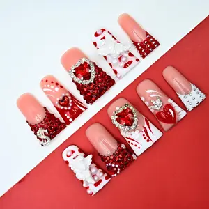 Sweet acrylic press on nails Handmade MediumLong Ducktip 10Piece  with Reusable Crystal Rhinestone & Durable Gel Finish Elegant 3D Flowers Design On Nails New Season press-on nail selectable size nail selectable size diy manicure kit easter summer