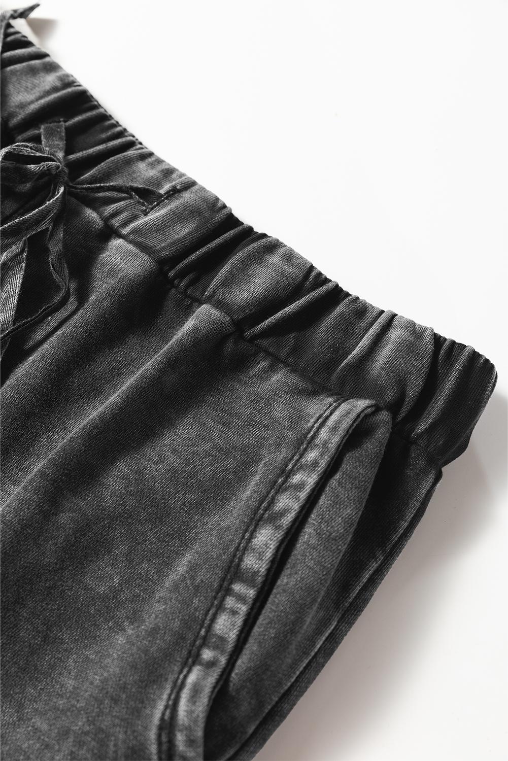 Women's High Waist Black Mineral Wash Wide Leg Pants Casual Patchwork Drawstring Shift Trousers Western Style Cotton Blend