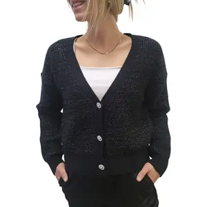 Dex Black/Silver Lurex Embellished Trim Cardigan