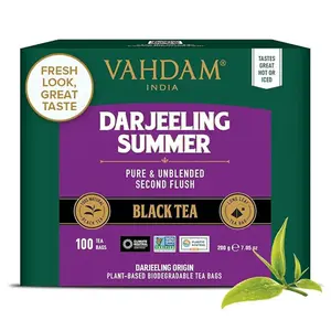 VAHDAM, Darjeeling Black Tea Bags (100 Count) High Caffeine - Coffee Replacement, Non GMO, Gluten Free | Strong, Robust & Flavory | Whole Loose-Leaf Darjeeling Tea Bags | Resealable Ziplock Pouch