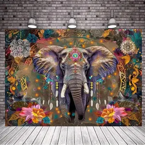 Bohemian Elephant Tapestry with Mandala Flower - Vintage Polyester Decorative Wall Hanging for General Use, Parties, Gifts, Weddings, Photos