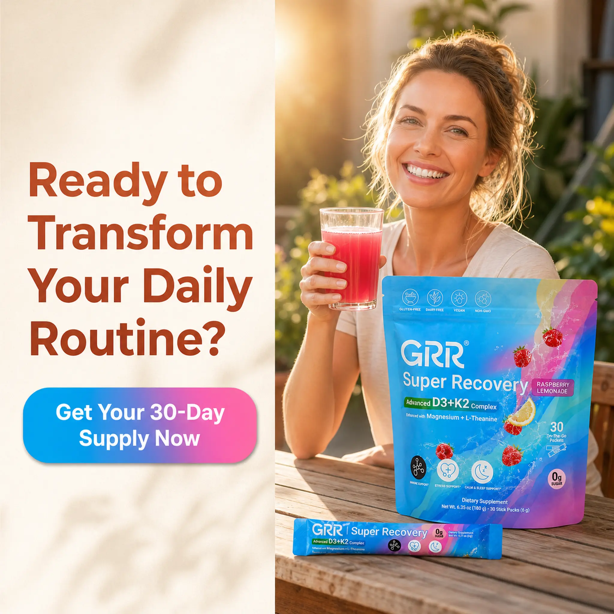 GRR Advanced D3+K2 Daily Stick | 7-in-1 Wellness Drink Mix with Magnesium Glycinate, L-Theanine, Vitamin C, Zinc & Boron | 30 Servings