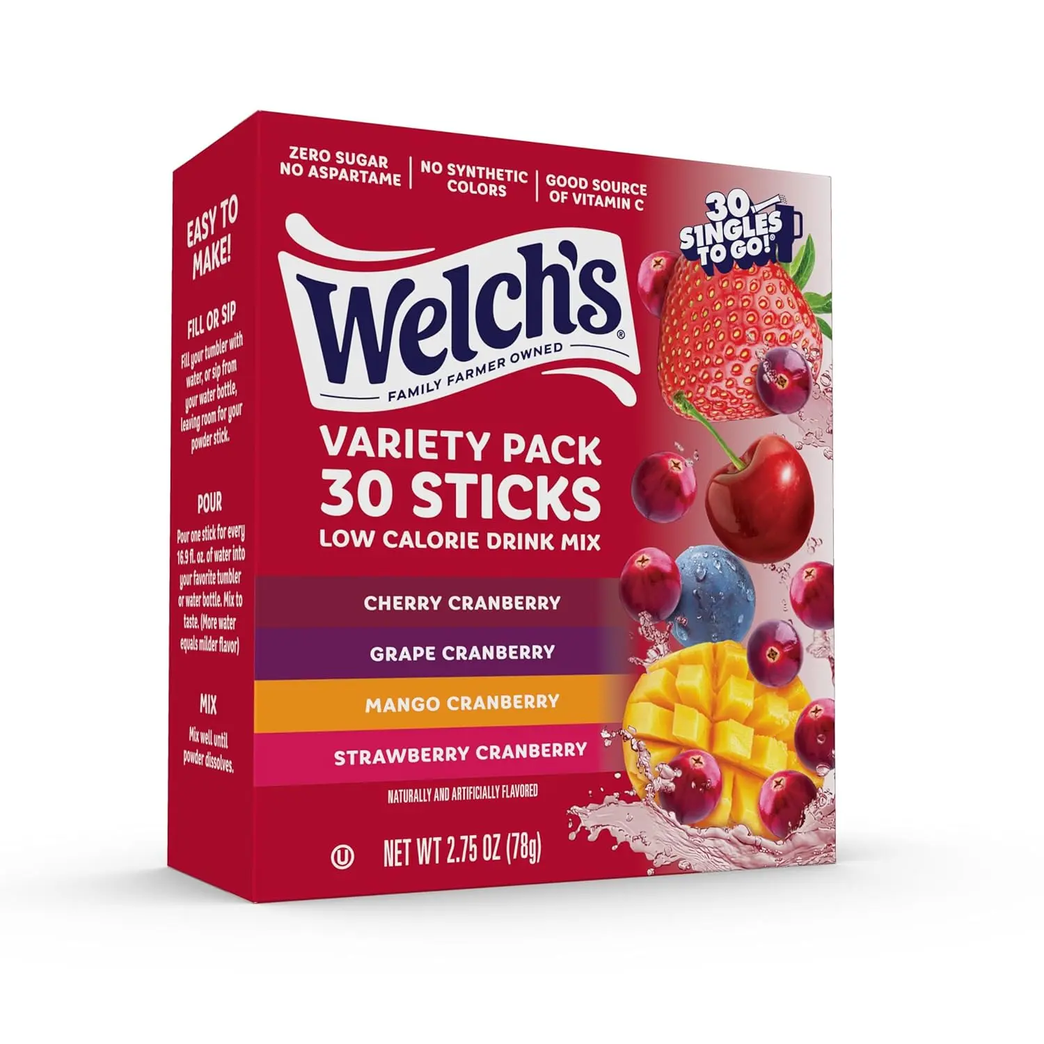 Welch’s Singles To Go! Cranberry Variety Pack Drink Mix, Sugar Free Water Flavor Packets, No Aspartame, No Artificial Dyes, Low Calorie, 4 Flavors (Grape, Mango, Strawberry, Cherry), 30 Sticks