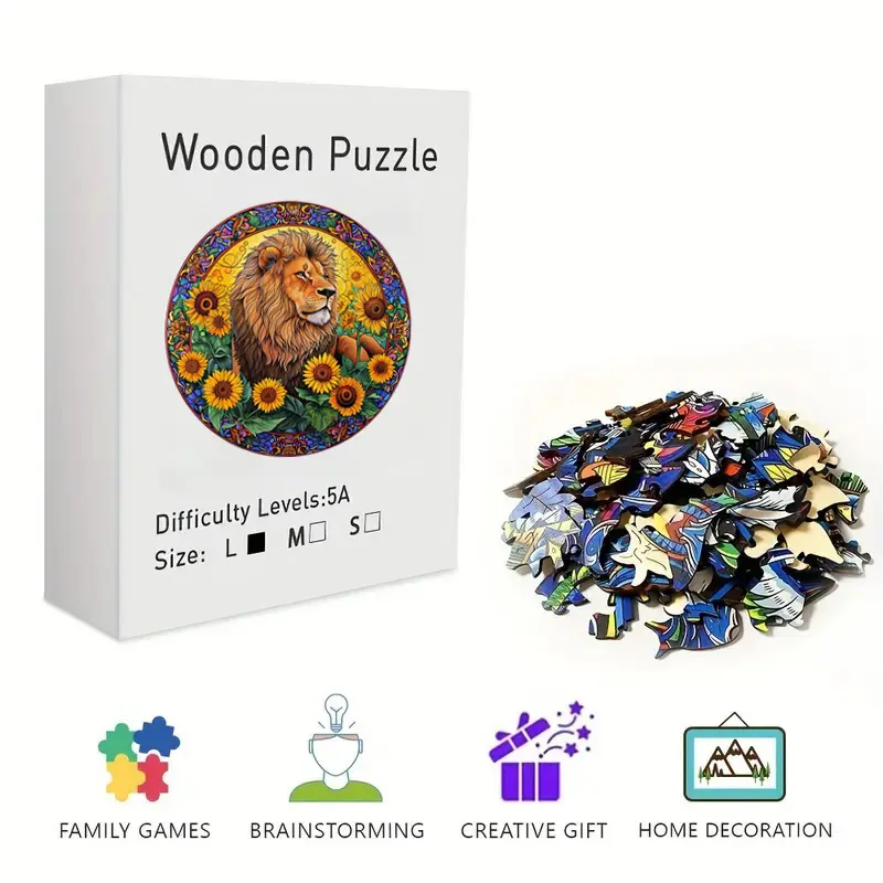 Intricate Psychedelic Lion & Floral Wooden Jigsaw Puzzle - Difficult & Engaging Puzzle for Adults and Children, Premium Wood Cutouts, Great Gift for Animal Lovers & Stained Glass Art Enthusiasts