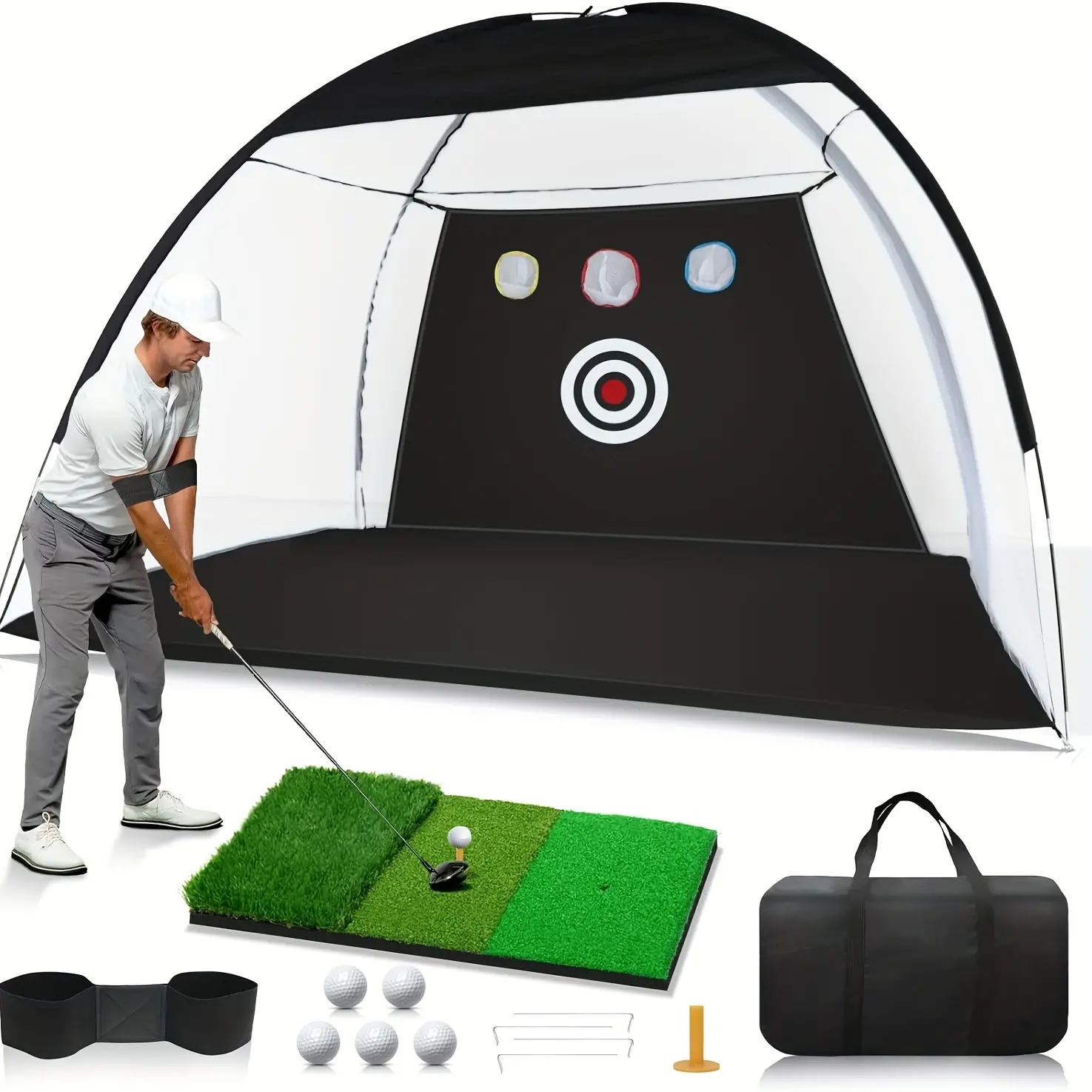 Heavy-Duty Full-Size Golf Practice Net Set, 10x7 Ft Unisex Golf Training Aids with Mat, Target & Portable Bag for Indoor/Outdoor Use, Full-Size Net, Abs, Backyard, Includes Mat