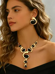 Women's Vintage Jewelry Set, Y-Shaped Necklace and Earrings, Rhinestone, Gradient Sizes, Shell Shape Design, Elegant Accessory Kit