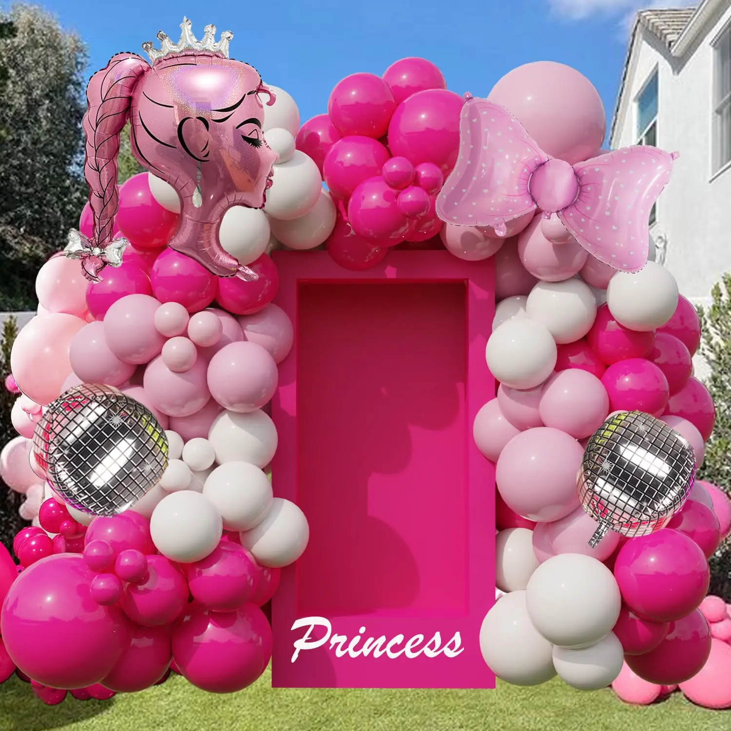 Hot Pink Princess Balloon Arch Kit With Rose Red  Light Matte White Balloons Disco Ball Bows And Crown For Girl Summer Birthday Coquette Party Ballerina Graduation Shower Decor