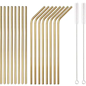 Gold Stainless Steel Straws, 8.5 in Reusable Drinking Straws with Portable Pouch, Suitable for Wine and Cold Drinks (8 Straight/8 Bent/2 Brushes)