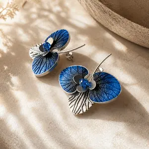 Female Alloy Blue Orchid Butterfly Statement Earrings - Vintage, Artistic Floral Dangle Earrings