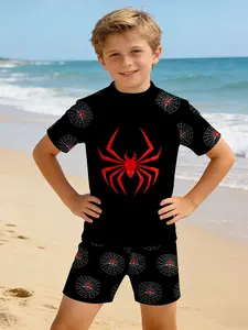 Boys Bottom 3D Spider Web Swimsuit Set, Summer Fashion Outdoor Beach Swimwear, Quick Dry Breathable Kids Swimming Suit