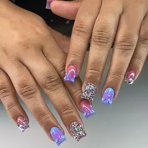 24pcs Short Square Fake Nails, Gradient, Full Rhinestones, Glitter Rhinestones, Press-On Design, Acrylic Material, Easy Application, Y2K Style, Nail Art Set