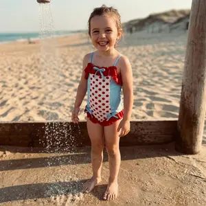 Toddler Infant Girls Swimsuits Stylish Dot Print Contrast Color Ruffled Trim Decorative Bows Baby Girls Swimwears