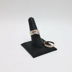 14K Gold Wedding Ring Trio with 3 Stones on Each Band and Detailed Engravings on Side for Elegant Design