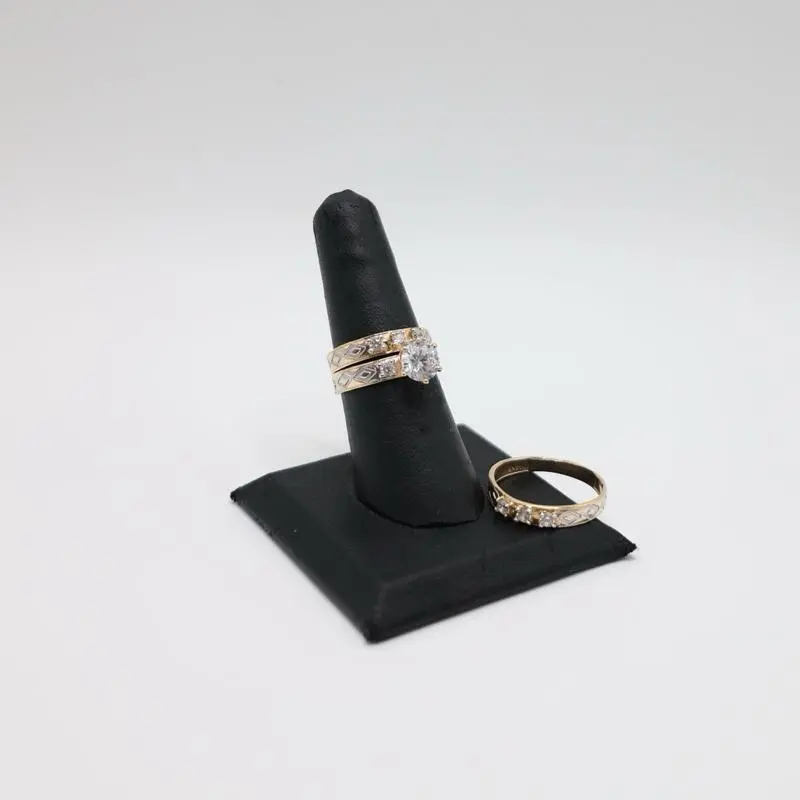 14K Gold Wedding Ring Trio with 3 Stones on Each Band and Detailed Engravings on Side for Elegant Design