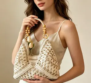 Fashionable Handmade Woven Bag Versatile Paper Rope Crochet Straw Beach Shoulder Bag for Vacations and Summer Outings