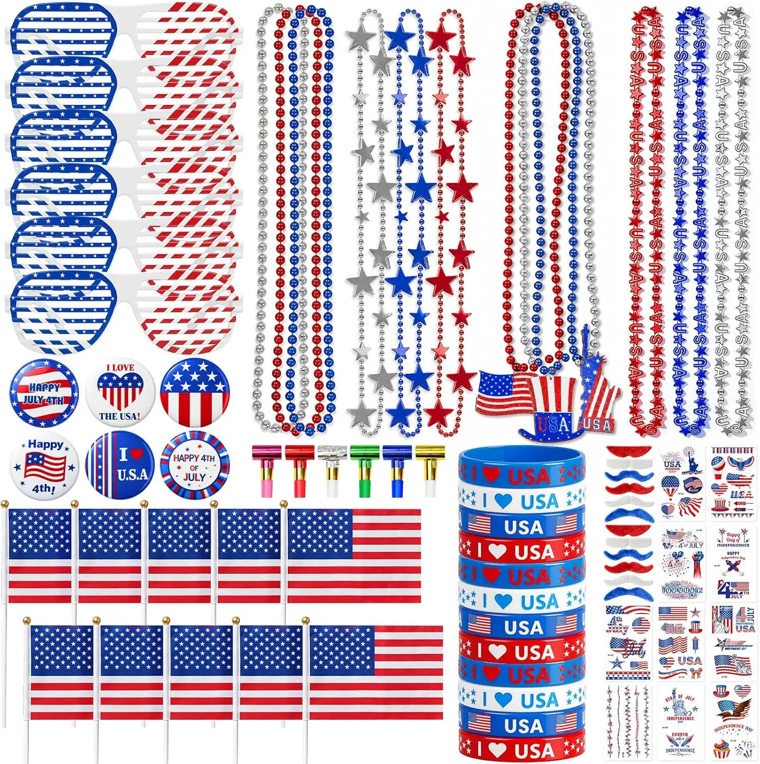 4th of July Party Supplies Set – Independence Day Decorations & Accessories Kit with USA Flags, Sunglasses, , Blowouts, Red White Blue Party Favors for Men & Women, Memorial Day Parade Supplies