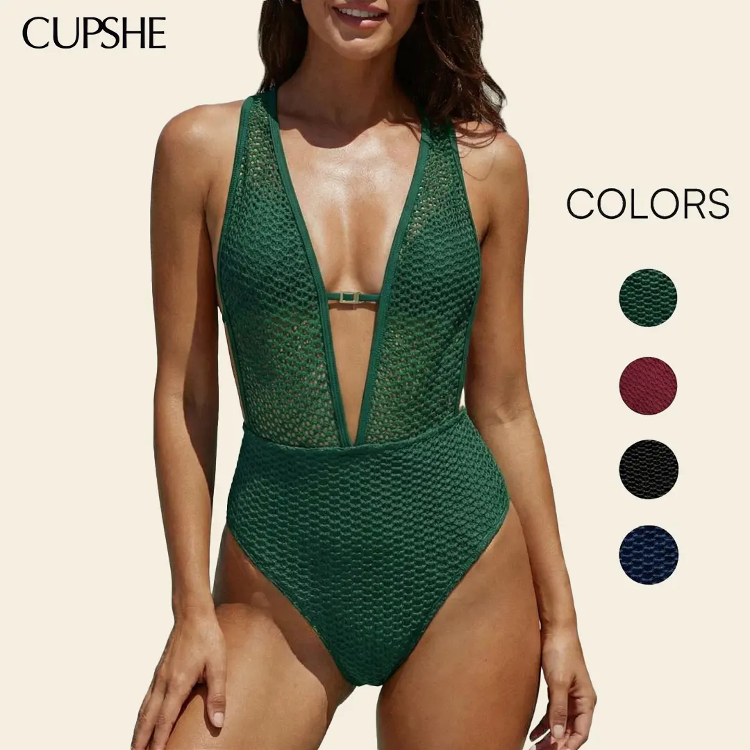CUPSHE New Crochet Mesh V-Plunge One Piece - High-Cut Tummy Control Monokini Swimsuit women for Beach & Pool Parties | Sculpting Waist Swimwear Set Bathing suit #summerfinds