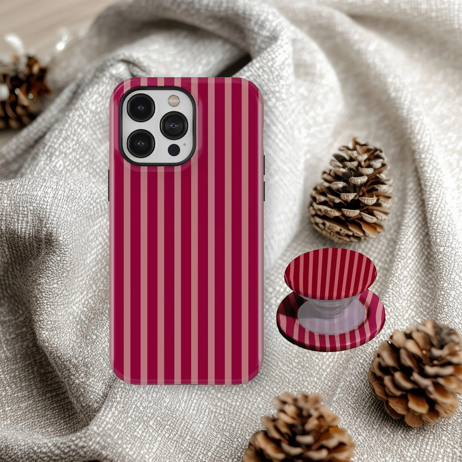 Burgundy & Pink Stripe Magsafe Tough Phone Case, Retro Minimalist Vertical Lines, Trendy Aesthetic Gift, Phone Grip, Popsocket, Gift, For Iphone 17 16 15 14 13 12 11