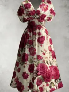 Vintage Floral Print V Neck Bubble Sleeve Waist Cinched Maxi Dress, Elegant Vacation Beach Style Long Dress for Spring Summer