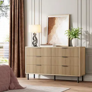 Garvee Modern Fluted 6 Drawer Dresser in Natural Oak with Metal Handles and Legs, Wide Chest of Drawers for Bedroom and Living Room Storage, Wooden Clothes Organizer Cabinet