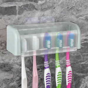 Toothbrush Holder Wall Mounted with Cover for Bathroom, 5 Slots Toothbrush Storage Organizer for Shower, Self Adhesive Toothbrush Hanger Rack for Dorm, Cabinet(Blue)