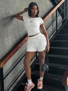 Women's Casual 2-Piece Set, Solid Color Round Neck Slim Fit Short Sleeve Top + Loose Leisure Shorts, Perfect for Daily Wear