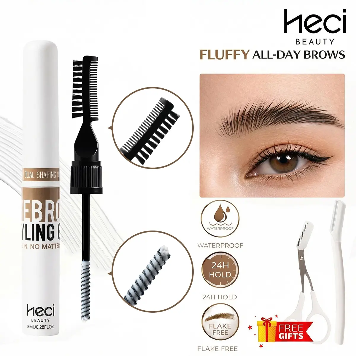 Clear Brow Gel – Strong Hold Waterproof Eyebrow Styling Gel, 2-in-1 Dual Brush, 24H Fluffy Brows, Flake-Free | HECI Clear Brow Gel – Strong Hold Waterproof Eyebrow Styling Gel, 2-in-1 Dual Brush, 24H Fluffy Brows, Flake-Free | HECI