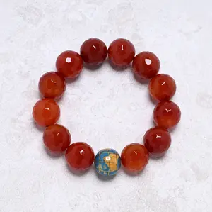 16mm Carnelian Gemstone Elastic Bracelet with Blue Globe Accent Bead