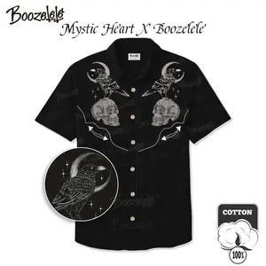 [Mystic Heart X Boozelele]Crow With Moon Embroidery Hawaiian Shirt For Men Button-down Shirt Short Sleeve 100% Cotton Shirt