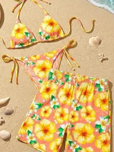 (Sale up 50%) Matching Couple Swimwear Yellow Hibiscus, Coral Tropical Bathing Suits, His and Hers Summer Outfits, Floral Bikini and Swim Trunks Set