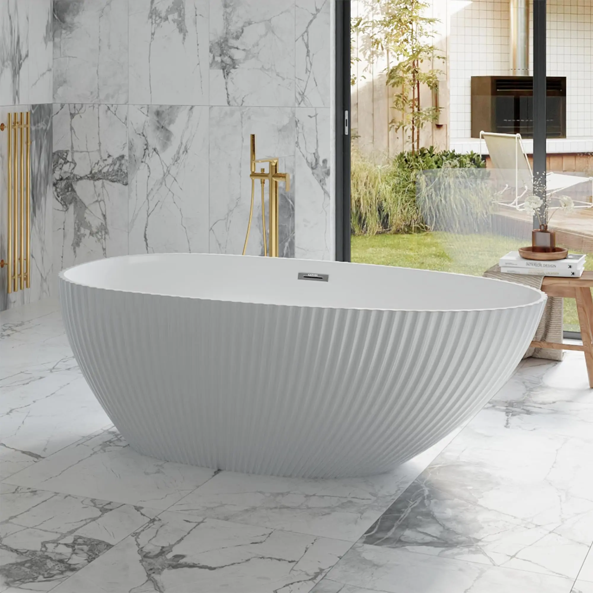 Modern Freestanding Bathtub, 3D Vertical Fluted Egg-Shaped Acrylic Soaking Tub, Glossy White Contemporary Bathroom Tub with Pop-Up Drain