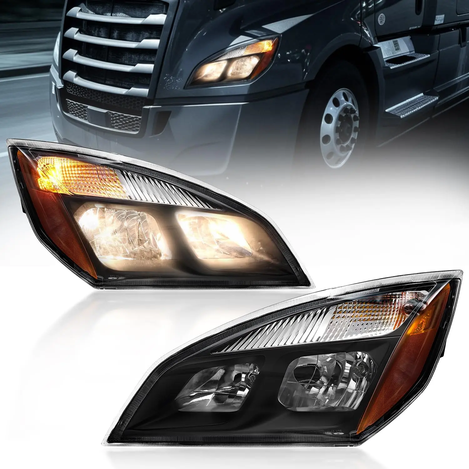 Black Housing Halogen Headlight Assembly Pair, Direct Aftermarket Replacement for 2018-2024 Freightliner Cascadia Truck, Driver & Passenger Side, Interchange Part Number A6601512004, A6601512005