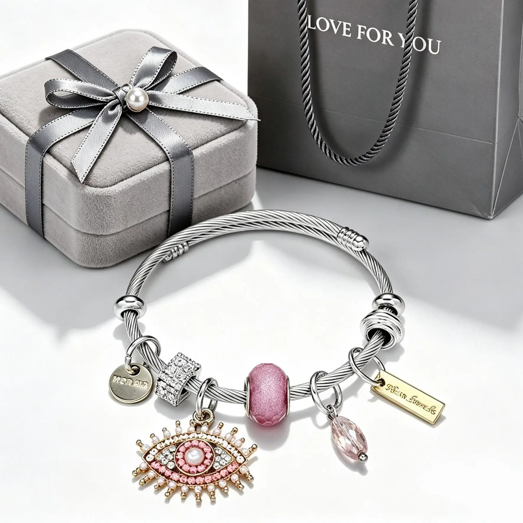 Twisted Cable Wire Bangle Bracelet, Pink Evil Eye Charm Bracelet with Crystal Beads, Personalized Handmade Stainless Steel Cuff Bracelet Jewelry Gift for Women