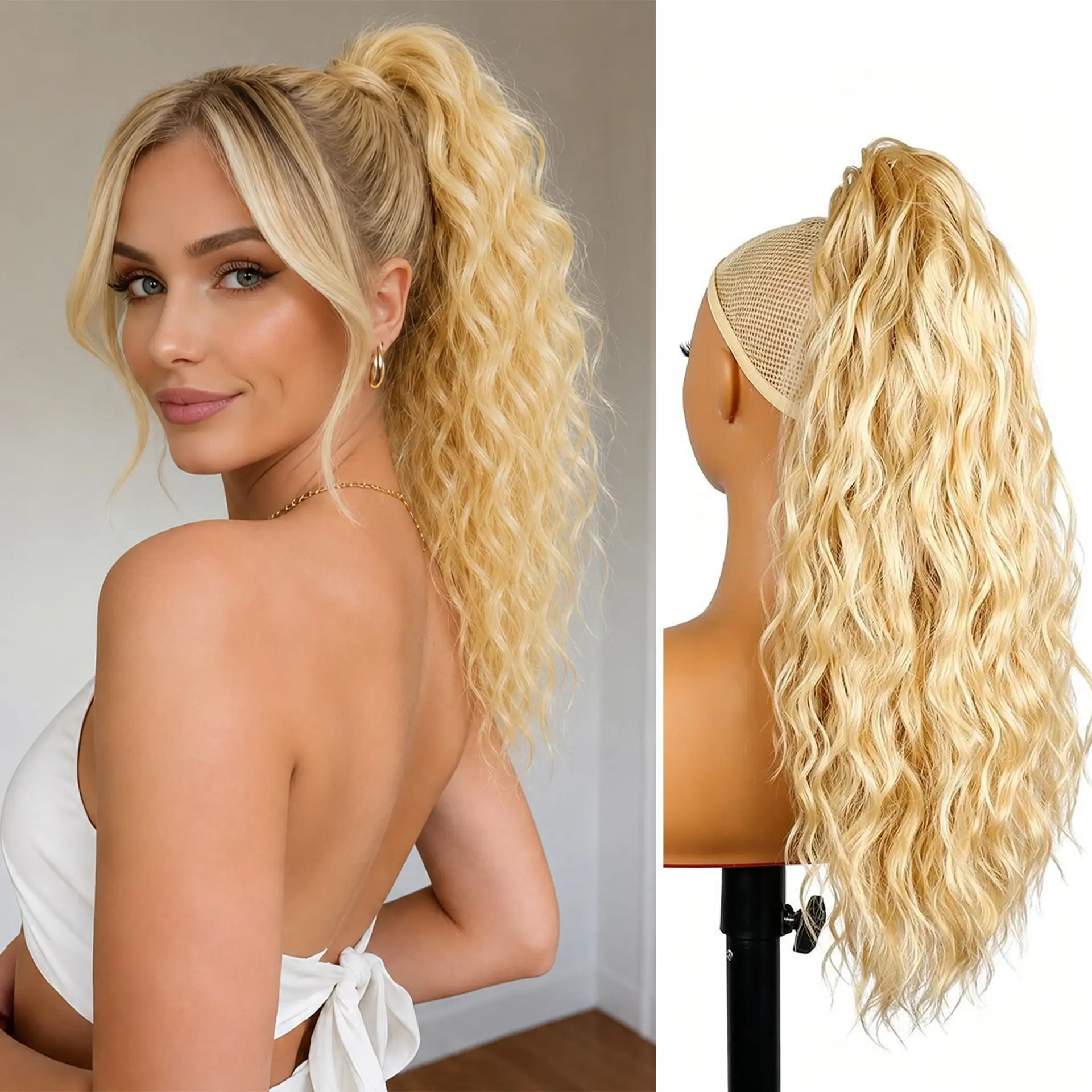Wavy Synthetic Hair Ponytail Extension, 18Inch Casual Clip-On Type Claw Clip Hairpiece, Shoulder-Length Synthetic Hair Accessory