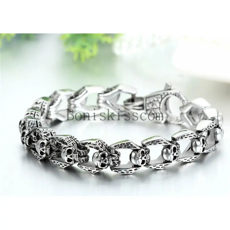 Men's Vintage Silver Skull Chain Stainless Steel Bracelet Heavy Punk Gothic